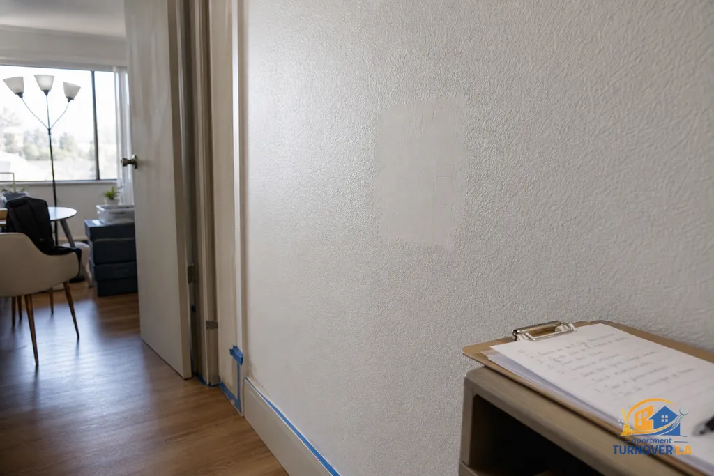 Finished medium drywall repair with knockdown texture matched in a West Hollywood hallway, taped trim ready for repaint
