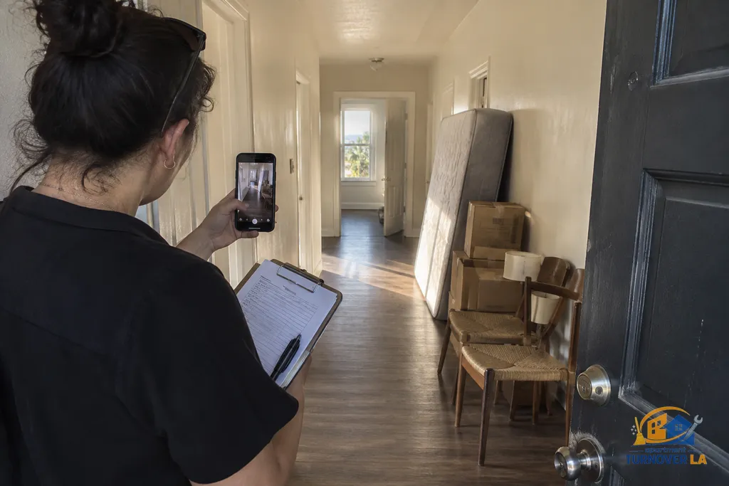 Manager documenting abandoned furniture during an LA apartment cleanout inspection
