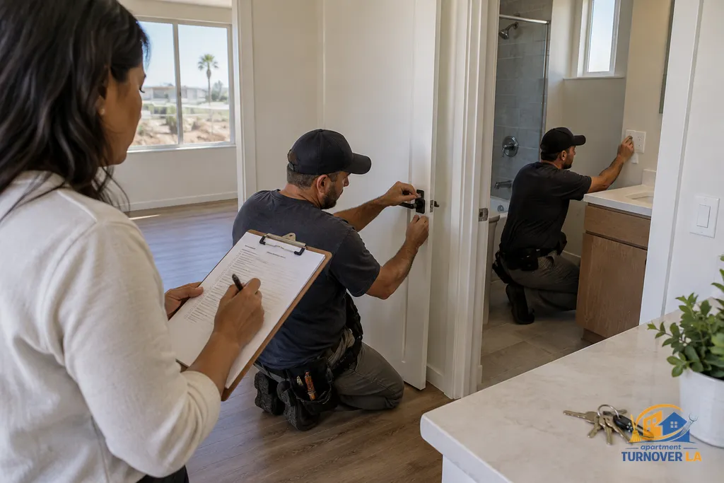 LA rental turnover inspection checking a door handle and bathroom electrical outlet