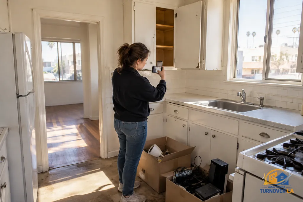Property manager sorting abandoned items during an LA apartment cleanout inspection