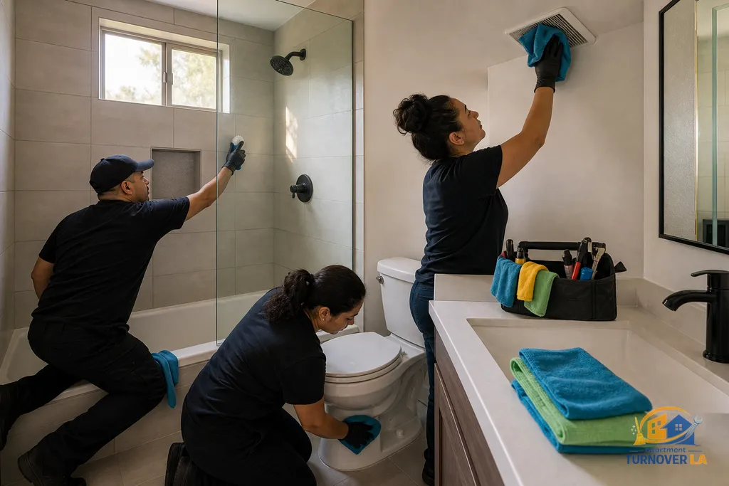 Bathroom deep clean in an LA rental with grout scrubbing, faucet descaling, and exhaust fan cover wiped