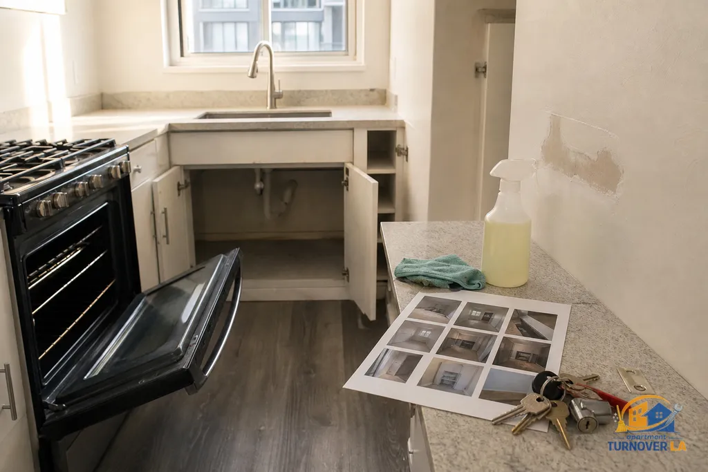 Koreatown galley kitchen mid turnover with oven degreasing, cabinet interiors wiped, 12-point photo report on counter, and rekey hardware staged