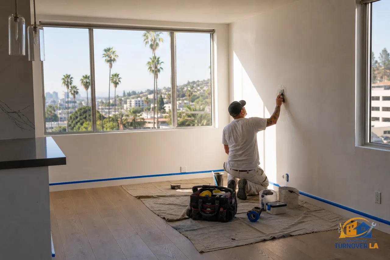 Los Angeles apartment wall repair with orange peel texture match during a professional drywall patch and paint touch-up