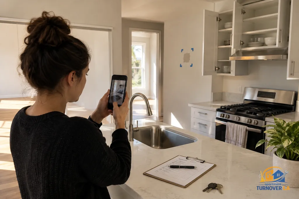 Apartment turnover photo report review beside a cleaned LA rental kitchen
