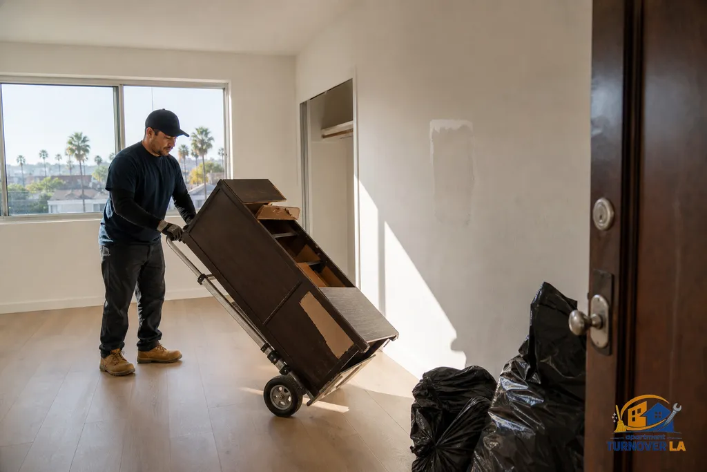 Inside a vacated LA apartment, a crew stages bagged debris and a broken dresser for haul away with a hand truck by the entry