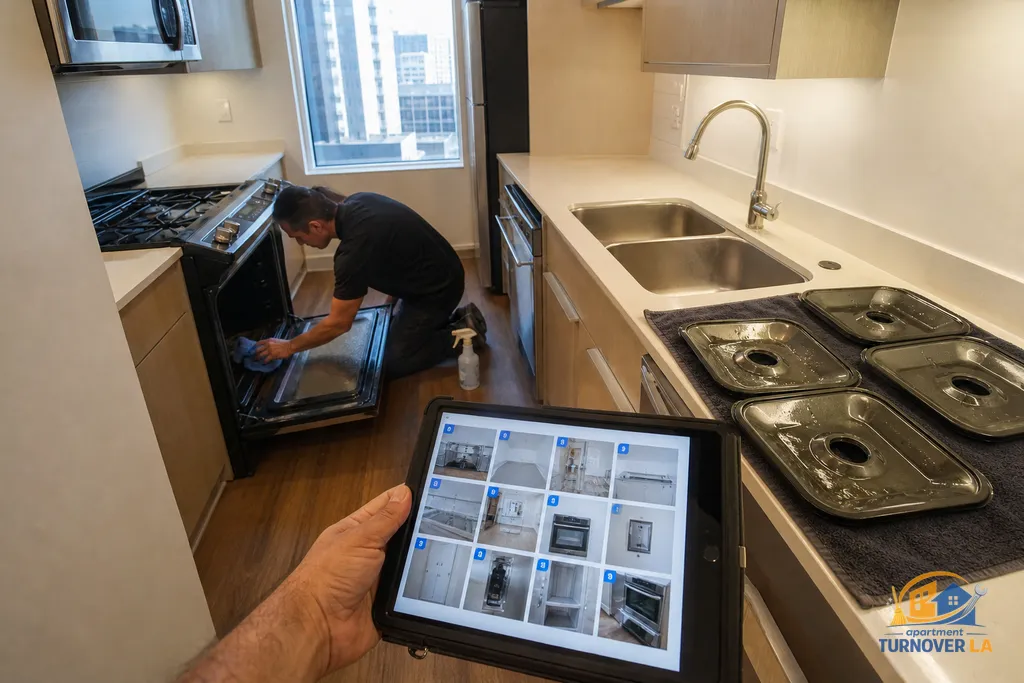 Los Angeles apartment kitchen deep clean with oven detail and a digital 12 point photo report visible on a tablet
