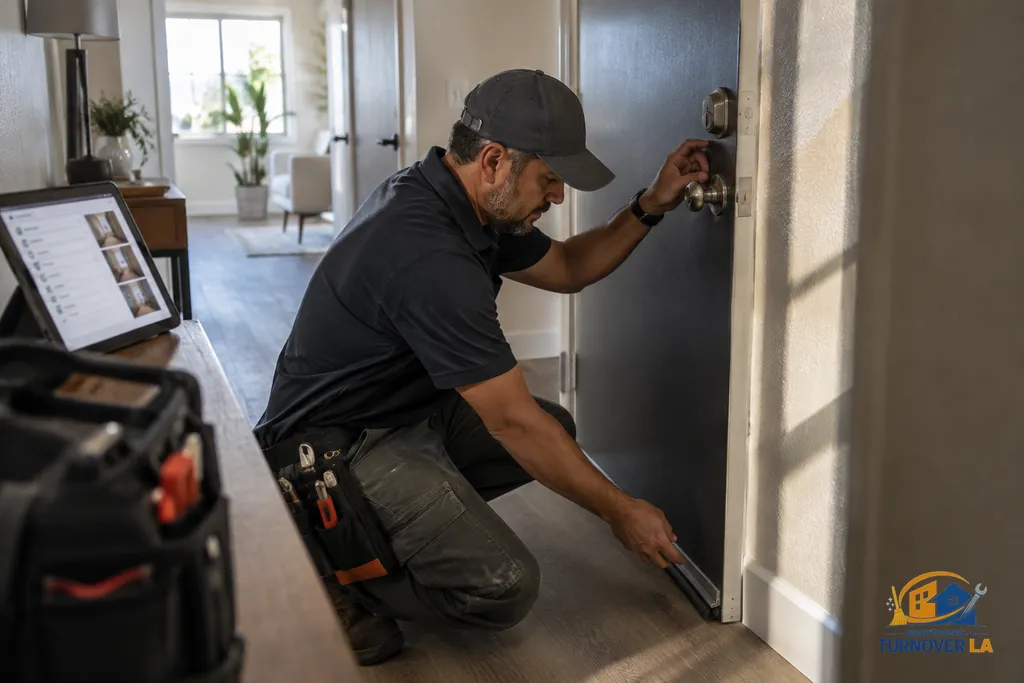 Technician verifies apartment lock and door sweep during a Los Angeles make ready inspection