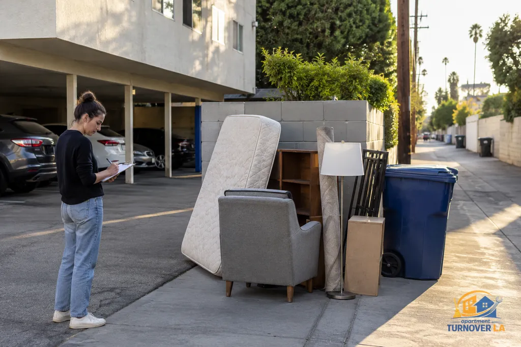 Los Angeles apartment bulky-item pickup area prepared for legal junk disposal
