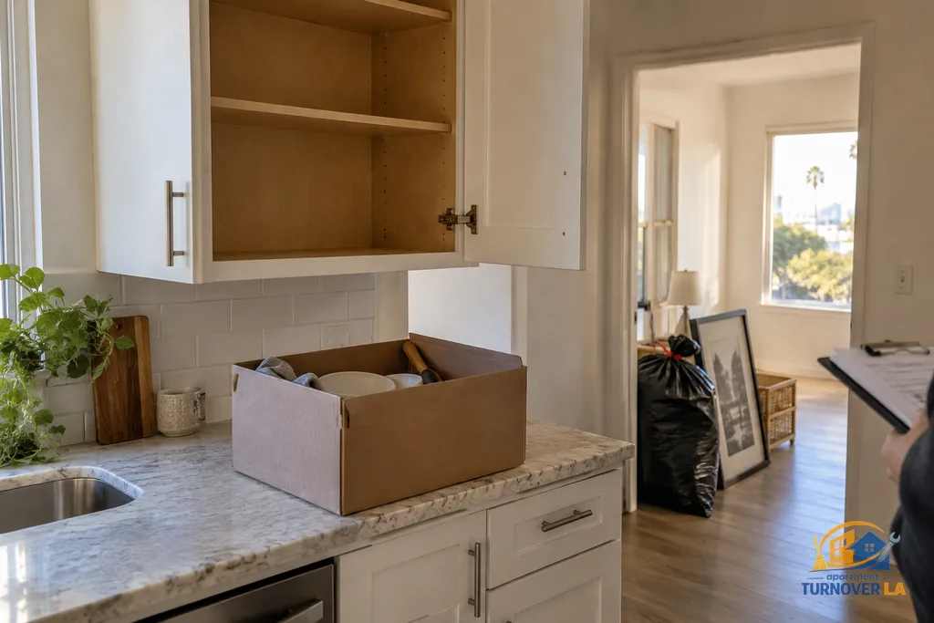 Organized apartment cleanout in a Los Angeles kitchen before make-ready work begins