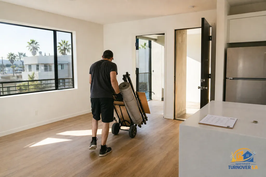 Vacant Hollywood apartment with disassembled bed on a dolly and a move-out checklist on the counter