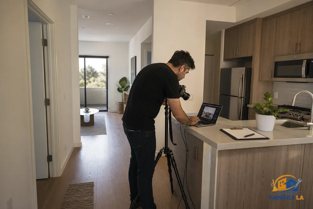 Photographer reviewing rental listing shots on a laptop in a clean LA apartment kitchen during turnover