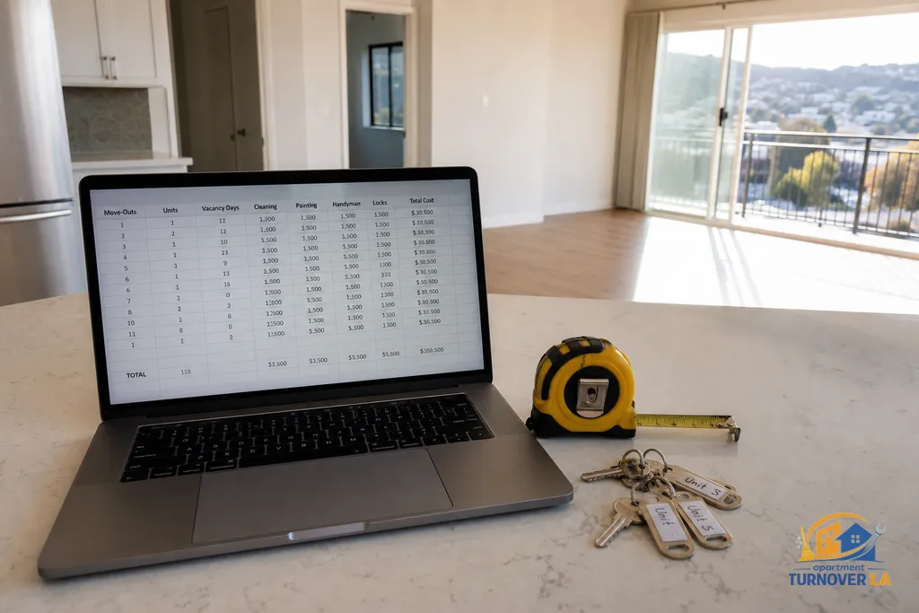 Laptop displaying a turnover calculator spreadsheet with LA-specific cost inputs and keys labeled for rekeying