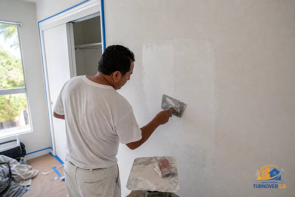 Medium drywall repair being textured to match orange peel in a Los Feliz bedroom before repainting during a 48-hour turnover window