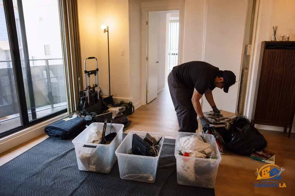 Sorting piles for donate, e-waste, and trash during an LA apartment cleanout in a compact living room