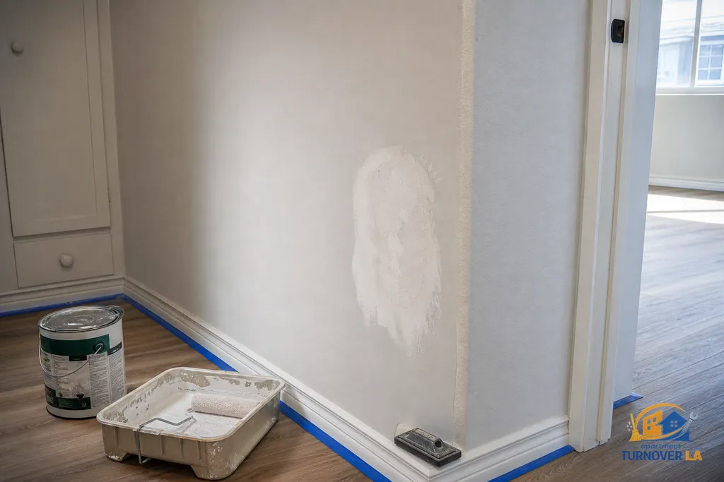 Detail of drywall patch and prep in an LA hallway before repainting, with taped baseboards and roller tray ready