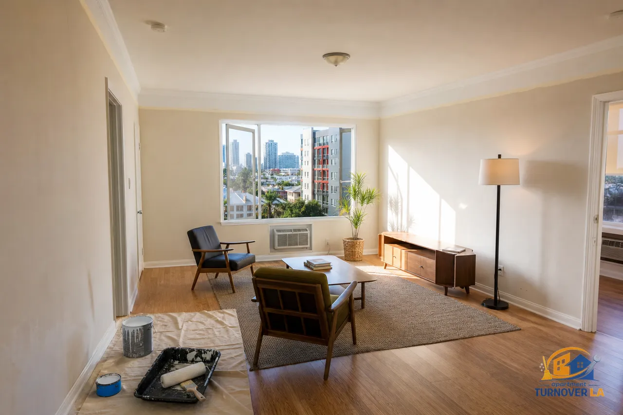 Los Angeles apartment living room during interior repaint, with trim cut in and supplies staged, showing clean lines and bright natural light
