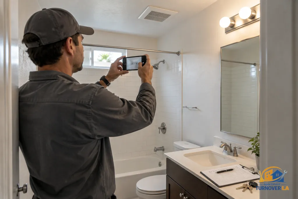 Apartment turnover inspection documenting bathroom repairs and cleaning in Los Angeles
