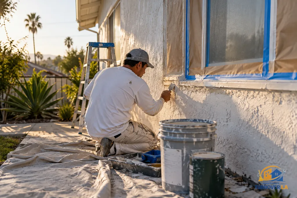 Exterior paint prep and stucco crack repair before repainting an LA rental home