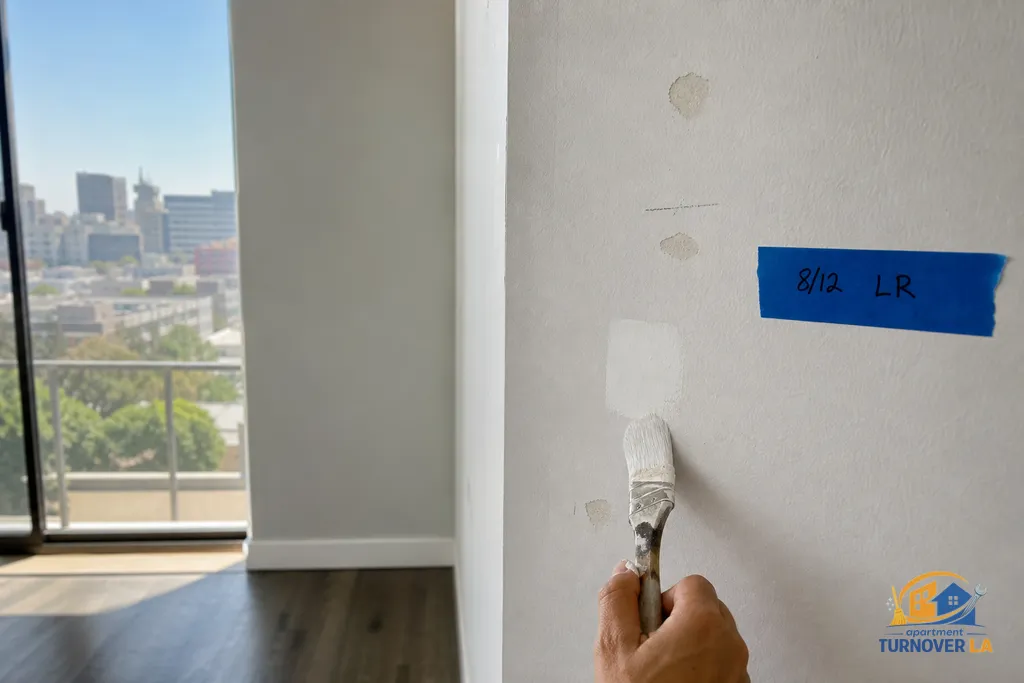 Detail of patched drywall and spot priming during LA apartment turnover, with labeled tape documenting repairs