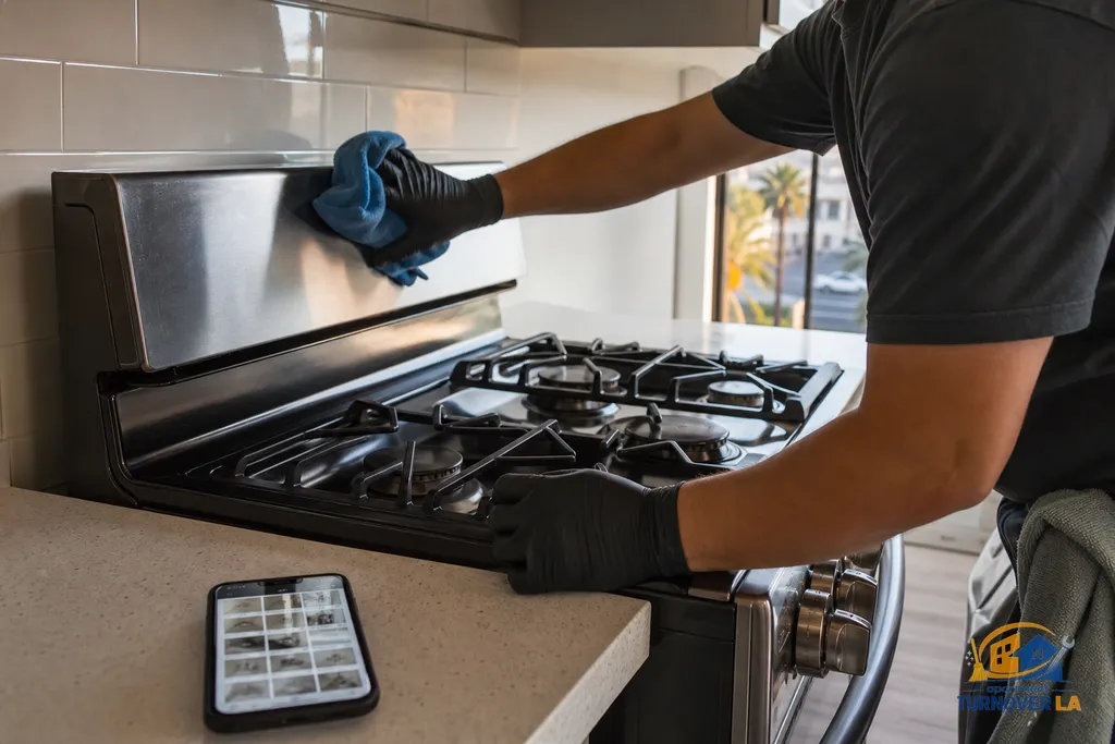 Detail of a pro cleaning a stainless range while documenting a 12-point photo report in a Los Angeles rental kitchen