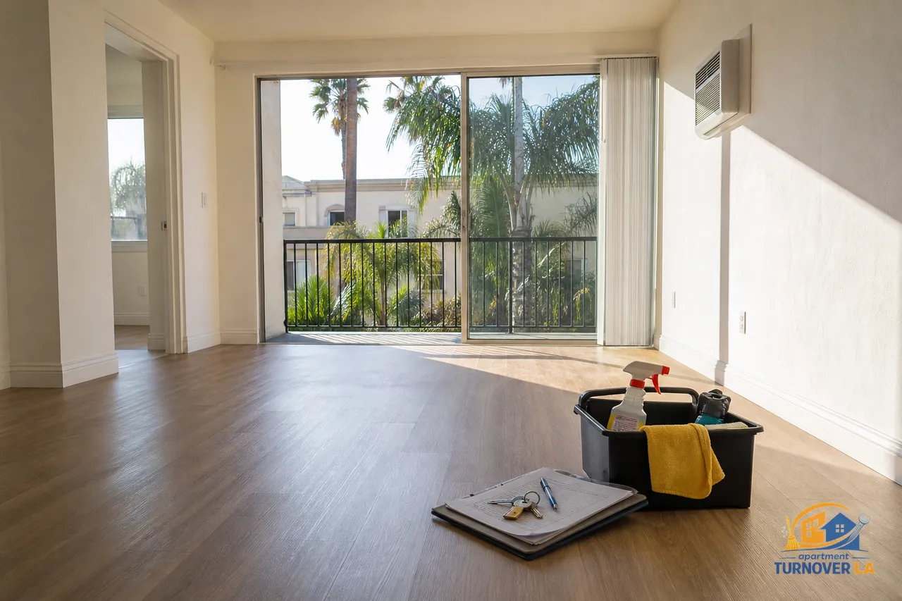 Freshly cleaned unfurnished LA apartment living room with cleaning caddy, keys, and checklist, showing move-out cleaning results