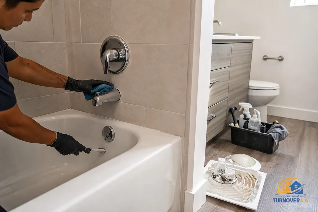 Bathroom turnover detail with grout scrubbing, polished fixtures, and vent cover dusting in a Los Angeles rental