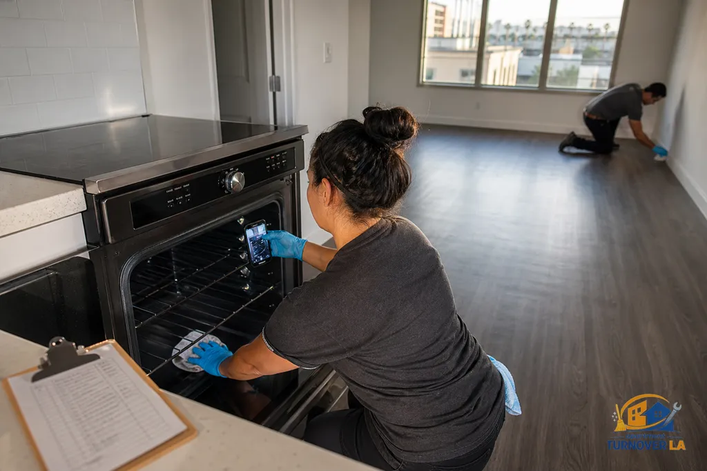 Pro cleaner detailing oven interior while documenting results for a turnover checklist in an empty Los Angeles apartment