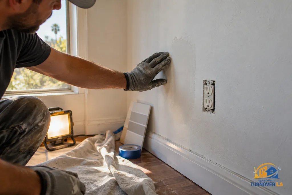 Drywall patch inspection before repainting an LA rental apartment bedroom