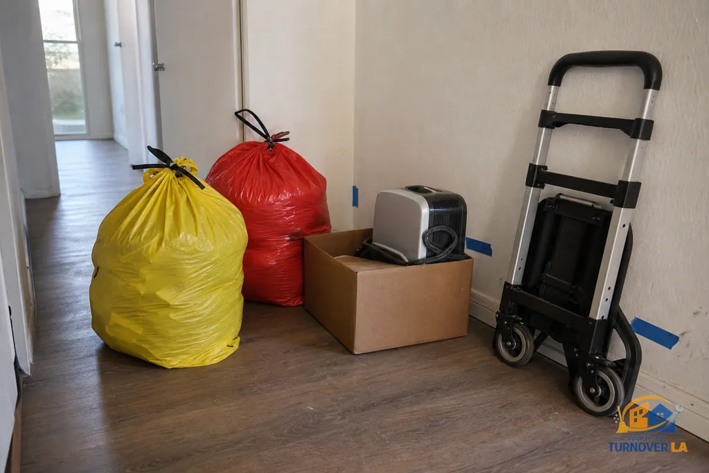 Hallway staging during a West Hollywood unit cleanout with contractor bags, an e-waste box, and taped paint touch-up marks