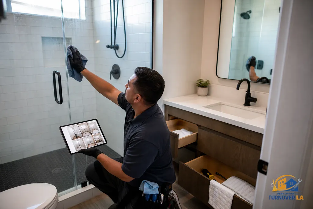 Los Angeles bathroom move-out deep clean with glass, grout, vanity interiors, and mirror detailing complete