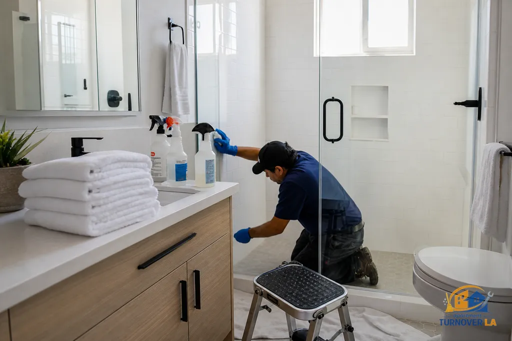 Detail of LA apartment bathroom move out cleaning, grout scrubbing and glass shower polishing with pro cleaning tools