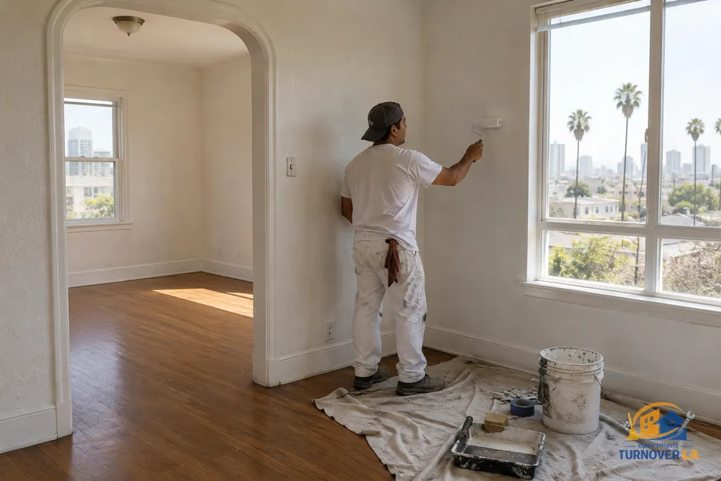 Apartment turnover painter blending wall touch-ups in an LA rental