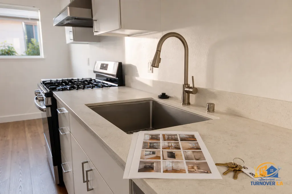 LA 1BR kitchen after Make Ready with degreased vent hood, wiped cabinets, caulked edges, and a printed 12-point photo report on the counter