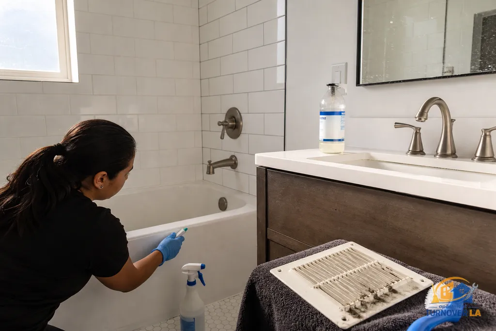 Detail cleaning in an LA bathroom showing grout and caulk scrubbing, vent cover removed for washing, and mirror being polished streak free.