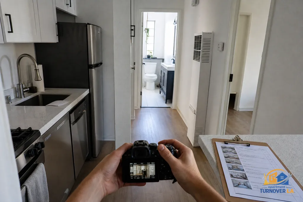 Photographer adjusting camera in a clean LA kitchen and bath, shot list on clipboard for a rental listing session