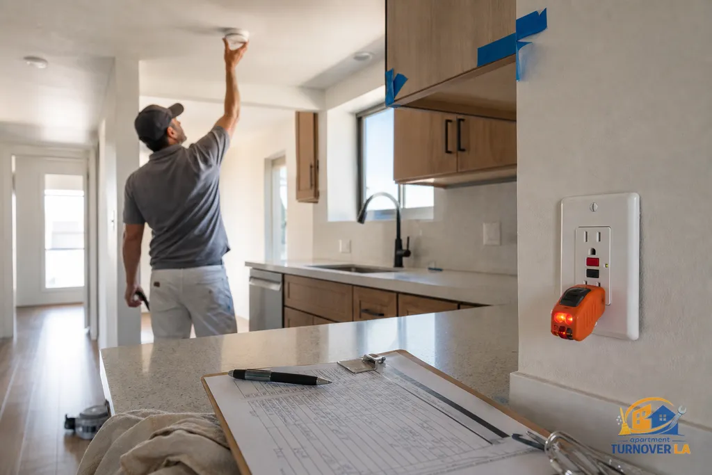 Kitchen punch list with smoke detector test and new GFCI outlet during an LA apartment handyman visit