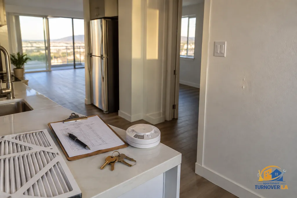Apartment repair punch list and turnover maintenance items in an LA rental kitchen