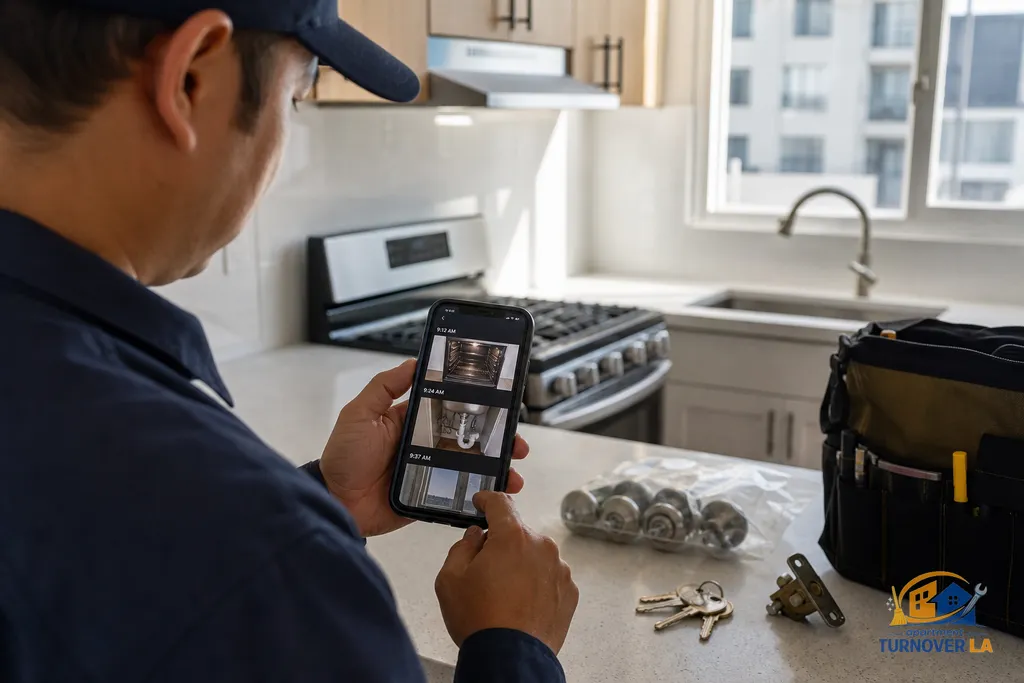 Supervisor documenting a Koreatown kitchen with a phone-based photo checklist next to new hardware and rekeyed locks