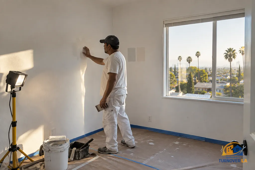Drywall patch inspection in a 12 by 12 LA rental bedroom before repainting