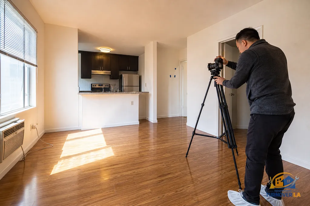 Real estate photographer capturing a cleaned Koreatown 1 bedroom with tripod and wide lens for rental listing media, natural afternoon light