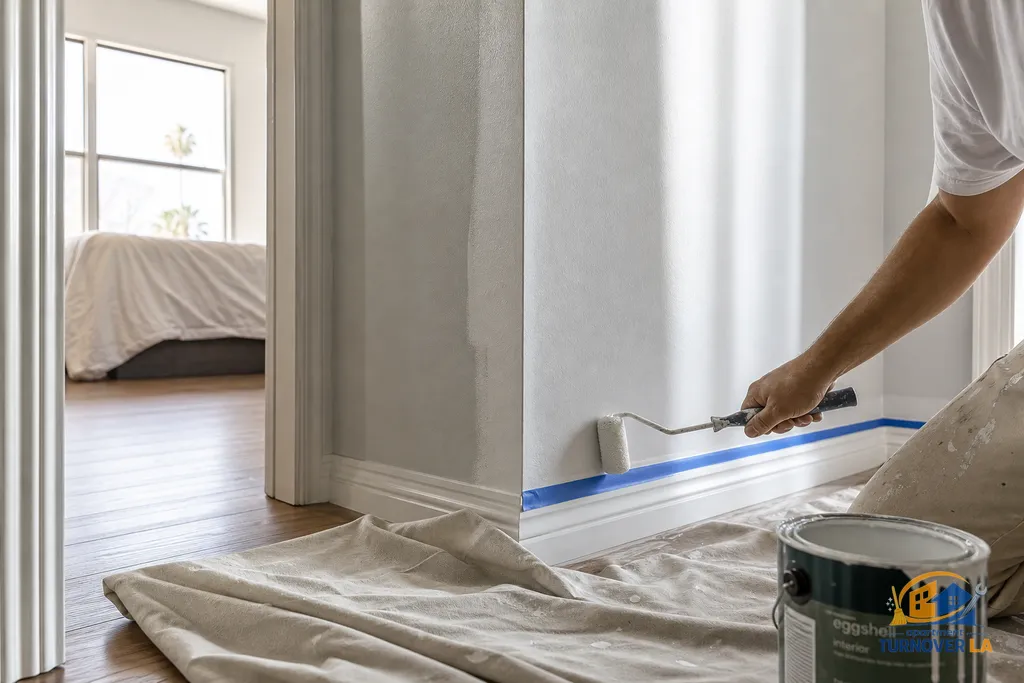 Hallway drywall repair and fresh interior paint with clean taped lines and baseboards in a Los Angeles home