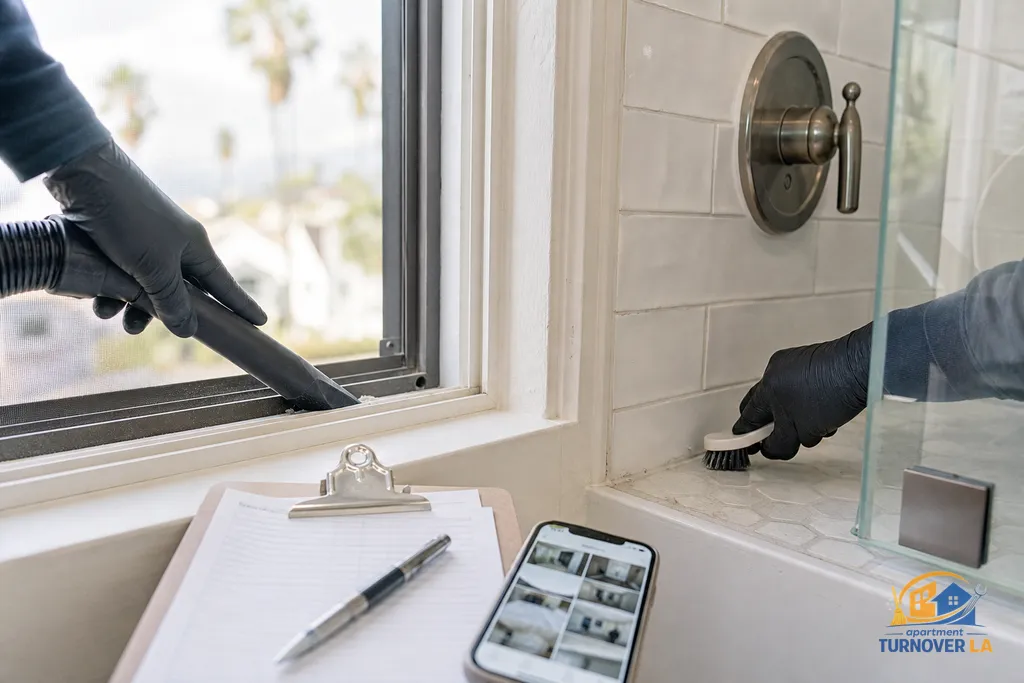 Detail of LA move-out deep cleaning, with window track vacuuming and grout scrubbing next to a photo report checklist