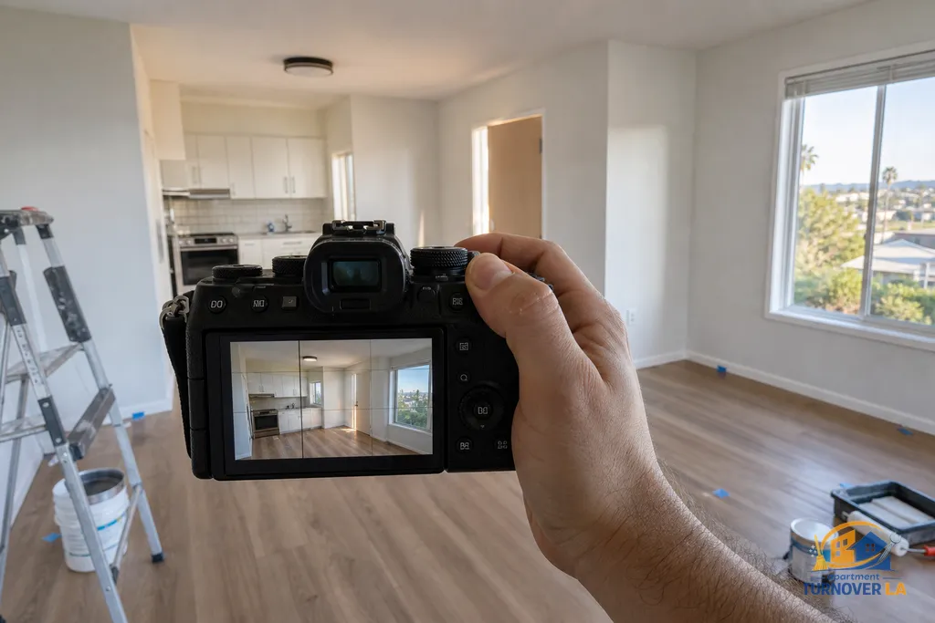 Camera viewpoint capturing a three-wall composition in a bright Santa Monica studio apartment
