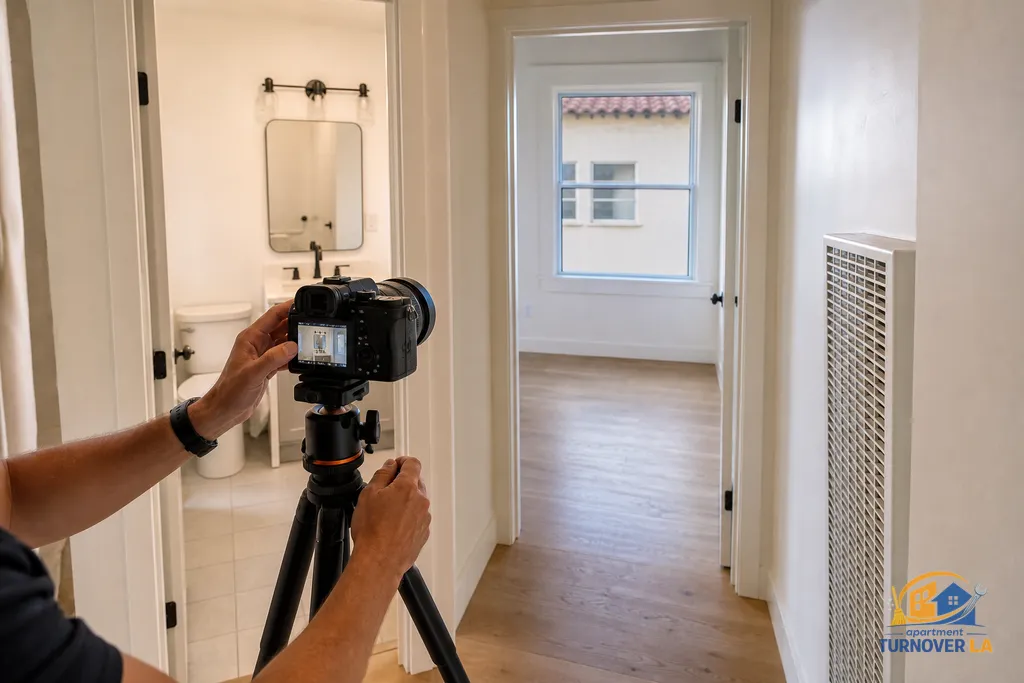 Photographer setting tripod height to frame a three-wall composition in a compact Los Angeles apartment hallway