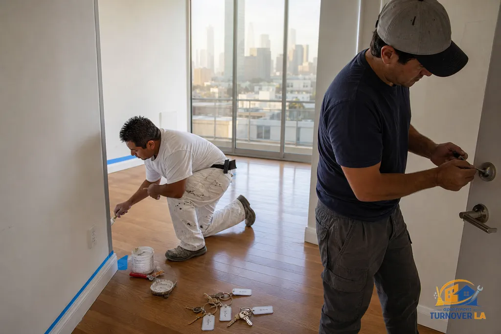 Handyman touching up paint and another rekeying a deadbolt during LA apartment turnover with skyline reflection