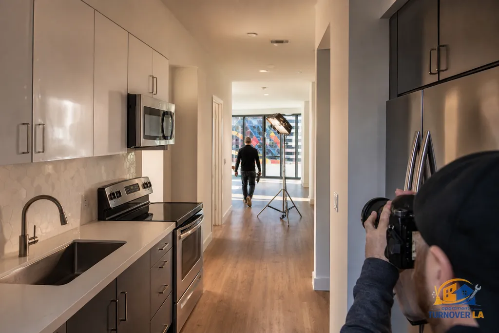 Professional setup in a DTLA kitchen with wide-angle lens and lighting tuned for straight verticals and reflective surfaces