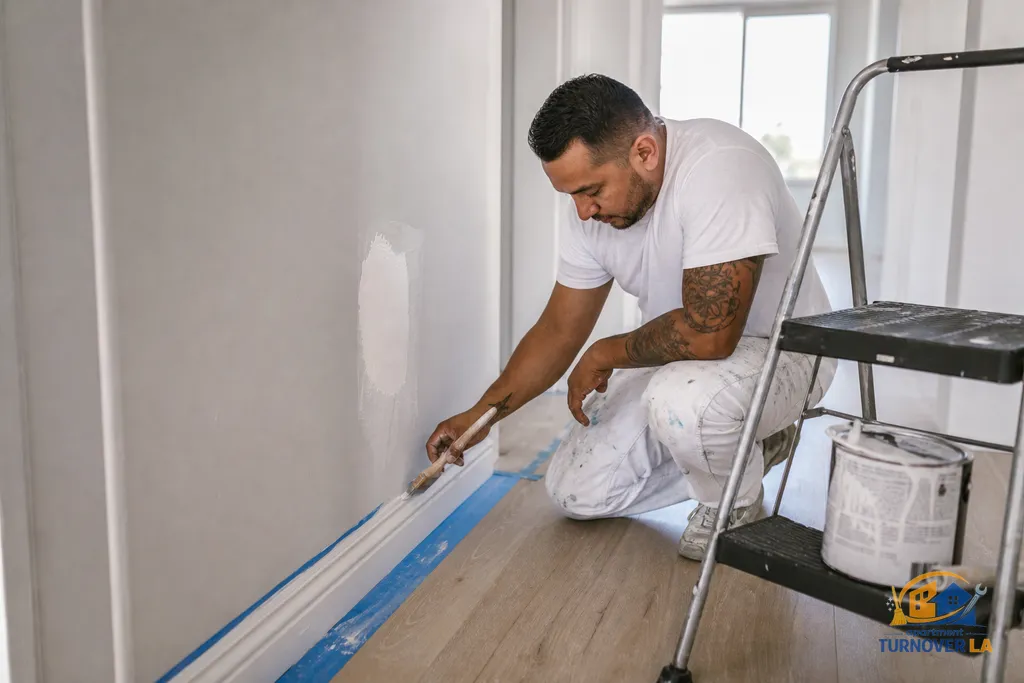 Painter cutting a crisp line along a baseboard in an LA apartment hallway with a freshly textured drywall patch nearby