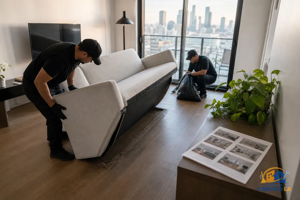 DTLA high-rise living room mid-turnover with junk bagging, dust lines, and a printed 12-point photo report visible