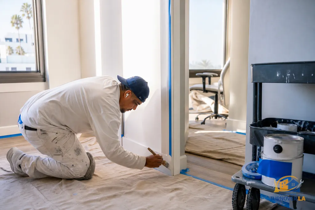 Detail of trim and baseboard cut-in during a Santa Monica office repaint, with drop cloths and labeled touch-up can
