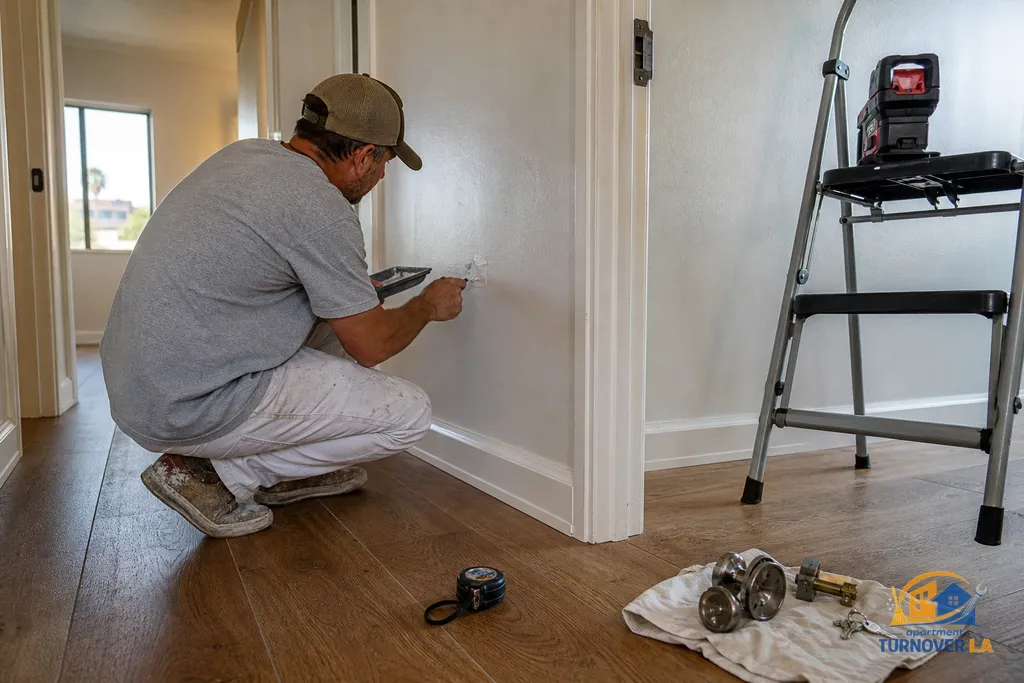 Technician repairing drywall and testing smoke and CO detectors during LA apartment make ready service